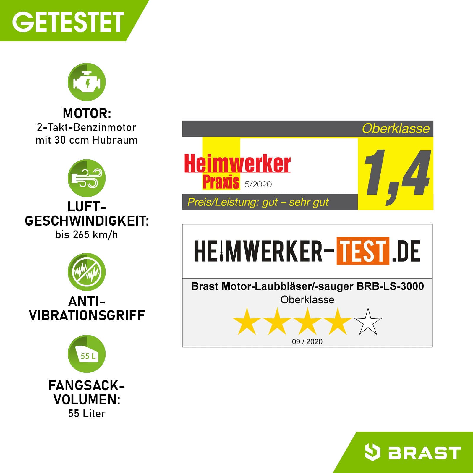BRAST® Laubsauger Laubbläser Benzin 1,0kW(1,36PS) | 55L Fangsack | inkl. 2 Blasrohre, Schultergurt & Anti-Vibrationsgriff | 4in1 Funktion | Blasgeschwindigkeit 73 m/s
