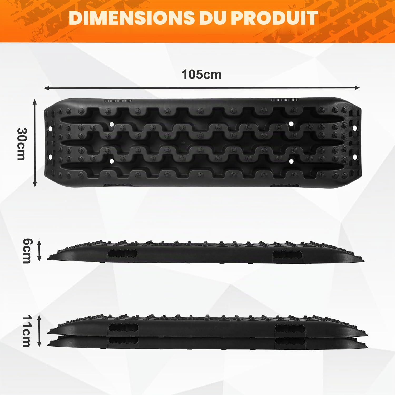 Lot de 2 plaques de sable - 106 x 31 cm - Capacité de charge : 10 T - En nylon très résistant - Avec sac de rangement et outil d'installation - Aide au démarrage pour la neige, la boue
