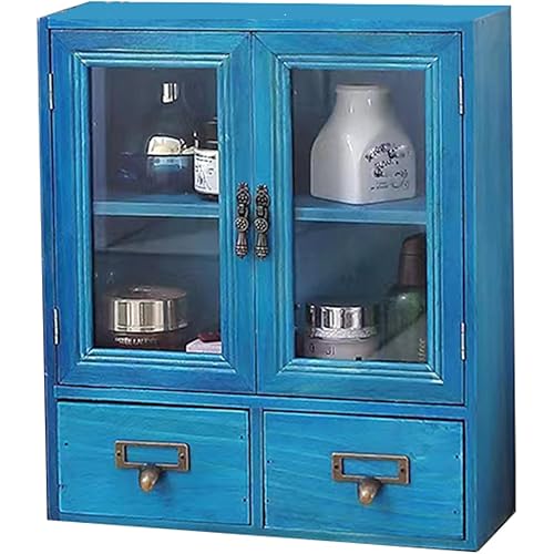 Rustic Vintage Mini Wood Counter Top Cabinet,Display Case with Organic Glass Door,Wall Storage Cabinet, That Sits on Countertop-Floating Shelf Organization12 x4.7"x14"(Blue)
