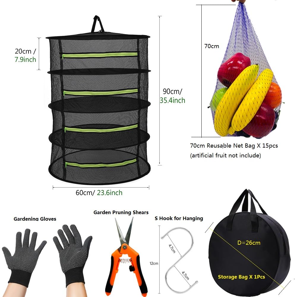 Fycooler 4Layer 3ft Mesh Hanging Herb Drying Rack Collapsible Dry Net,Herb Drying Rack Zipper Net with Hook and Gardening Shears Gloves,Storage Bag for Foods Herbs Vegs Fruits Tea Plants-Diameter 60cm - Image 2