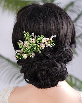 Dark Green Crystal Rhinestone Pearls Hair Comb, Floral Bridal Headpiece with Handmade Hairband for Wedding Women and Girls