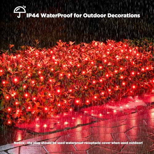 Image of Led Net Lights Christmas Lights Outdoor 200Leds 9ft x 6ft Upgraded Red Christmas Net Lighting, Waterproof 5mm LED Wide Angle Outdoor Indoor Mesh Net Light for Trees, Bushes, Shrubs Decorations