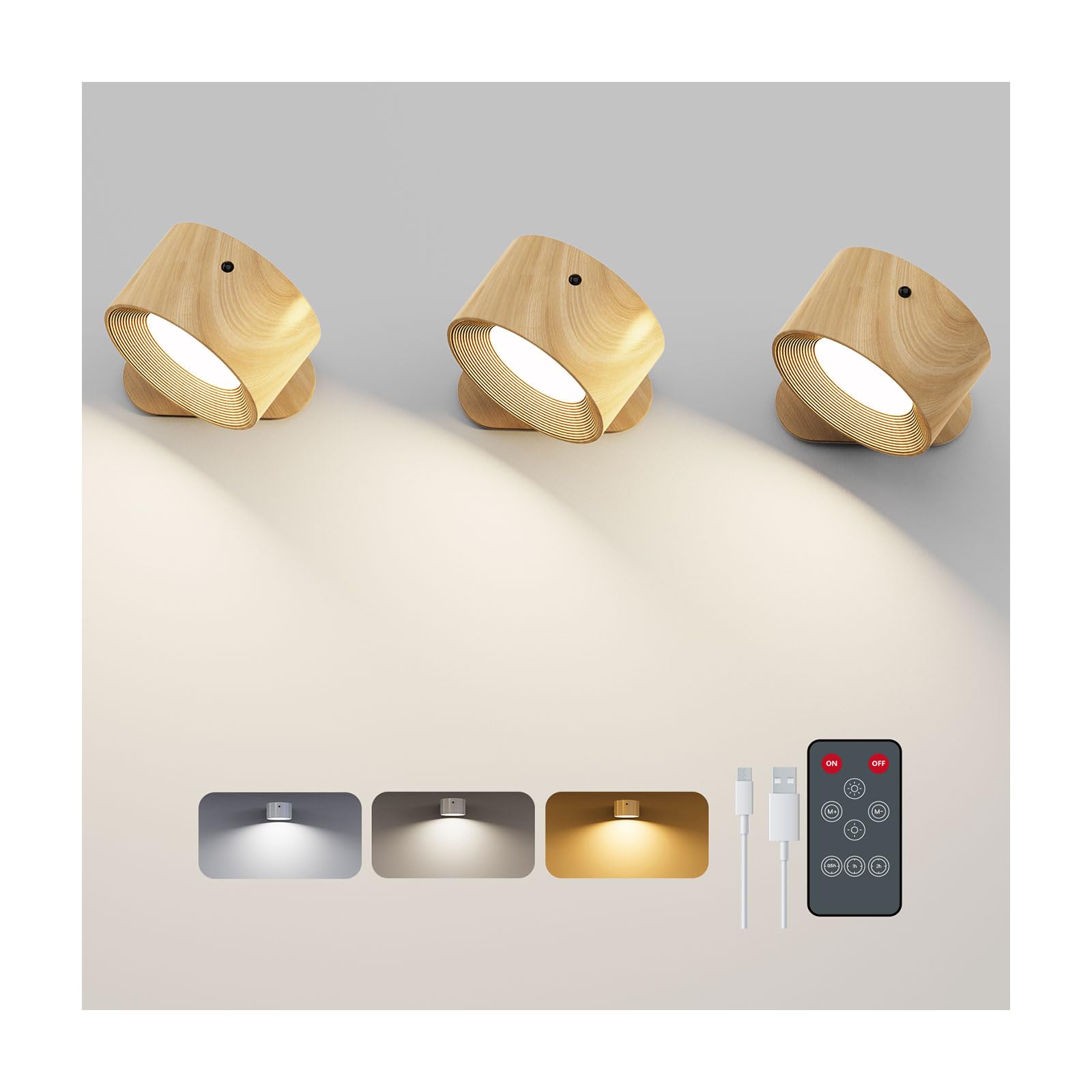 Feallive LED Wall Lights with USB Charging Port 2 Pcs Reading Light, Dimmable Touch Control 3 Brightness Levels Wall Spotlights 360 Free Rotation Bedside Lamp for Bedroom Remote Control Woodgrain โ image 1