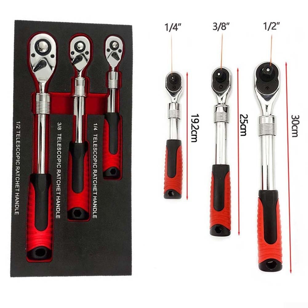 Chiave a cricchetto telescopica bidirezionale a 72 denti con sgancio rapido, attacco regolabile da 1/4 3/8 1/2 pollici per riparazione automatica (3 pezzi)