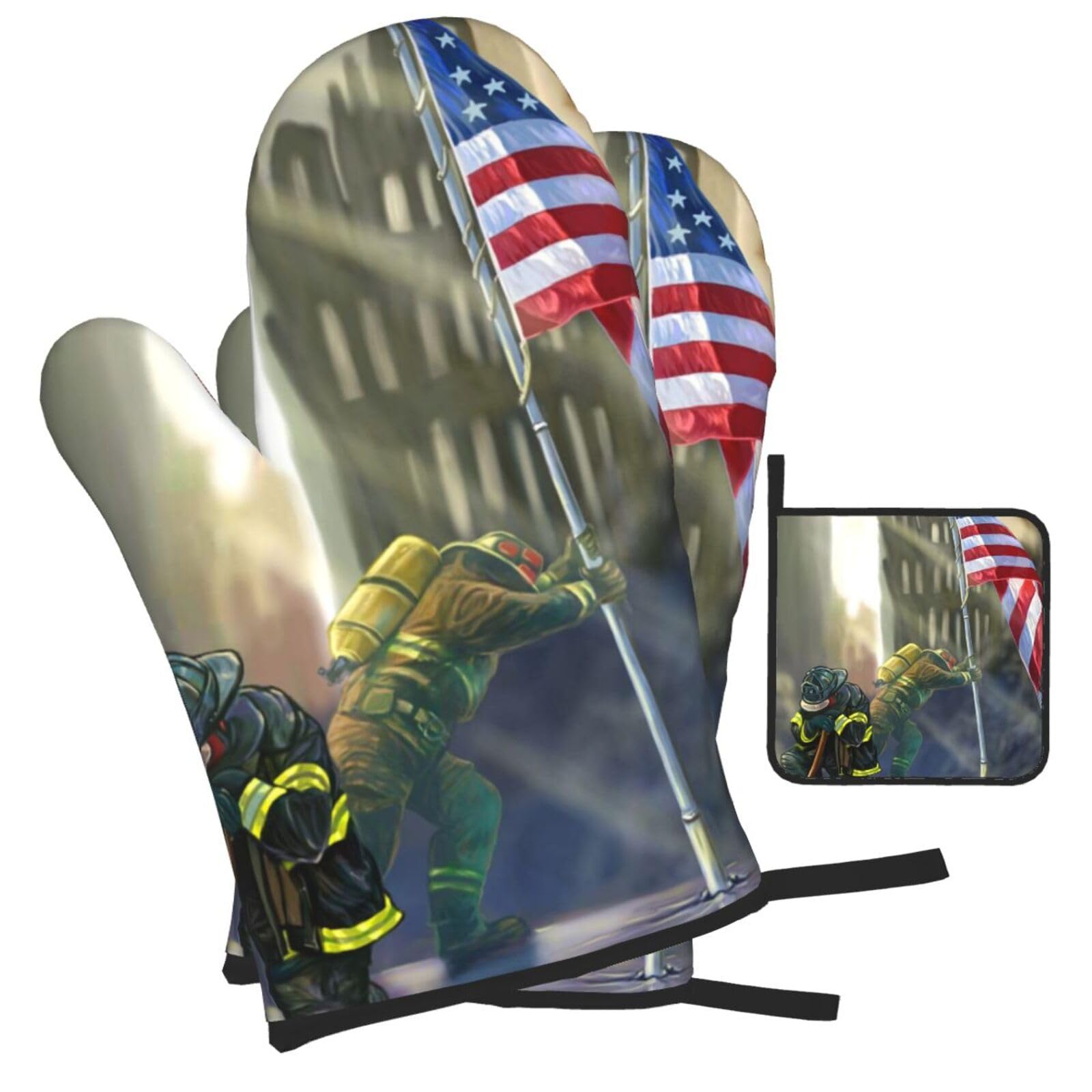 Patriotic Firefighter Printed Oven Mitts and Pot Holders Heat Resistant Set of 3 Pcs, Modern Kitchen Gloves & Potholders for Cooking Baking Grilling