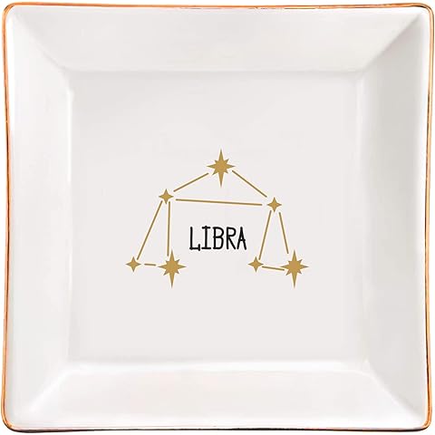 XJF Libra Zodiac Ring Dish, Astrology Sign Ring or Necklace Ceramic Trinket Tray, Constellation Gifts for Women, Astrology Birthday Gift for Her - Libra