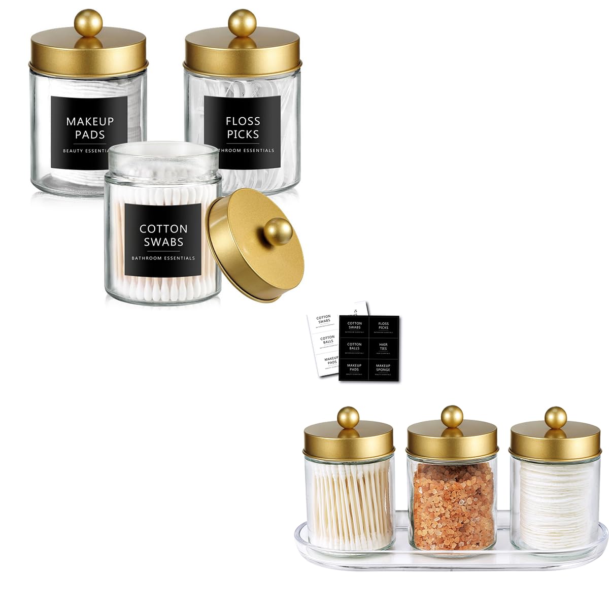 SheeChung Qtip Dispenser Holder 3pcs Glass apothecary jars with Acrylic Vanity Tray Countertop Canister Guest Bathroom Essentials Storage