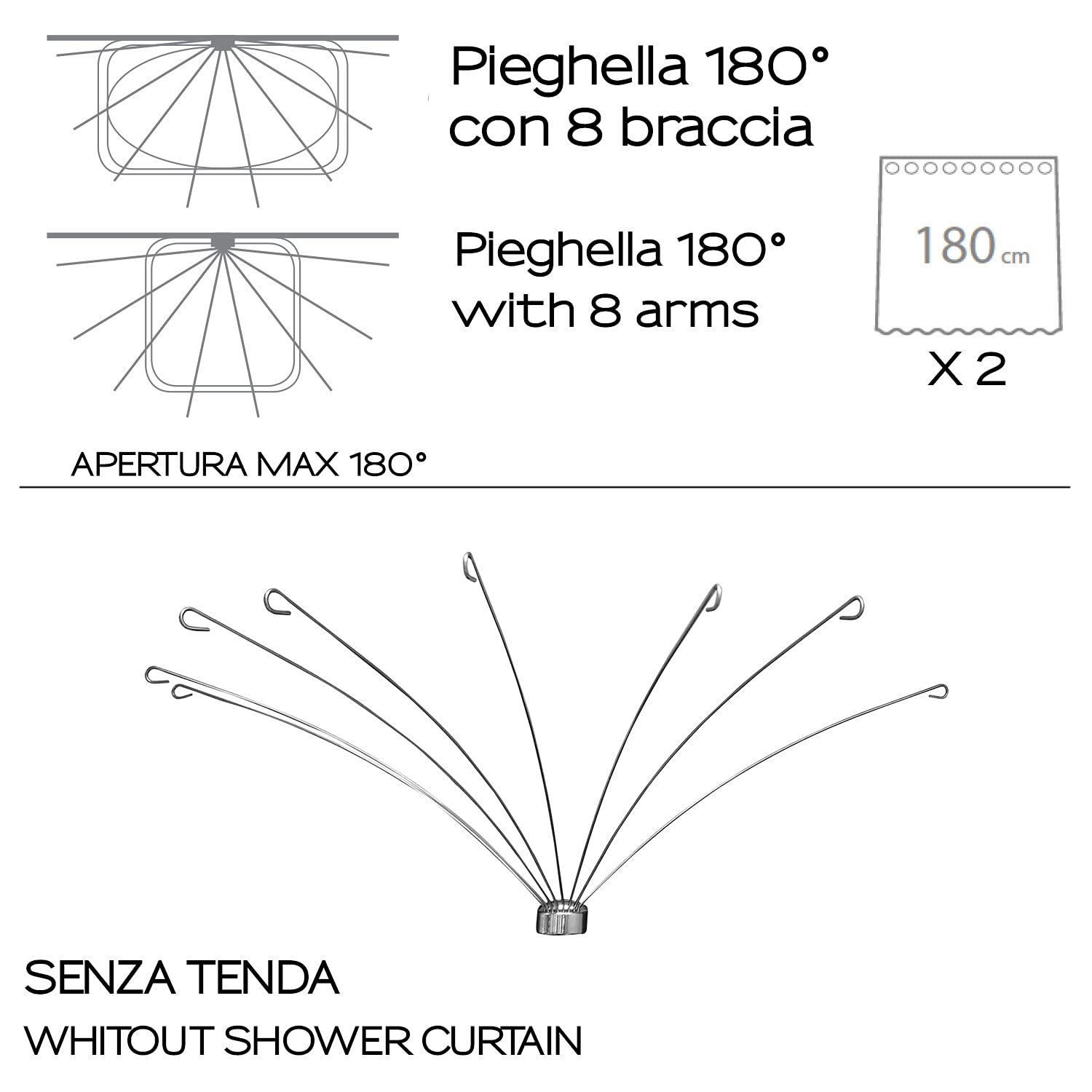 GEDY Pieghella 180°Senza Tenda, Misure e Peso Prodotto: 38X124X62 CM & 1,452 kg, Telaio Tenda Doccia in Tessuto, Finitura cromata, Design R&S Gedy, 2 Anni di Garanzia