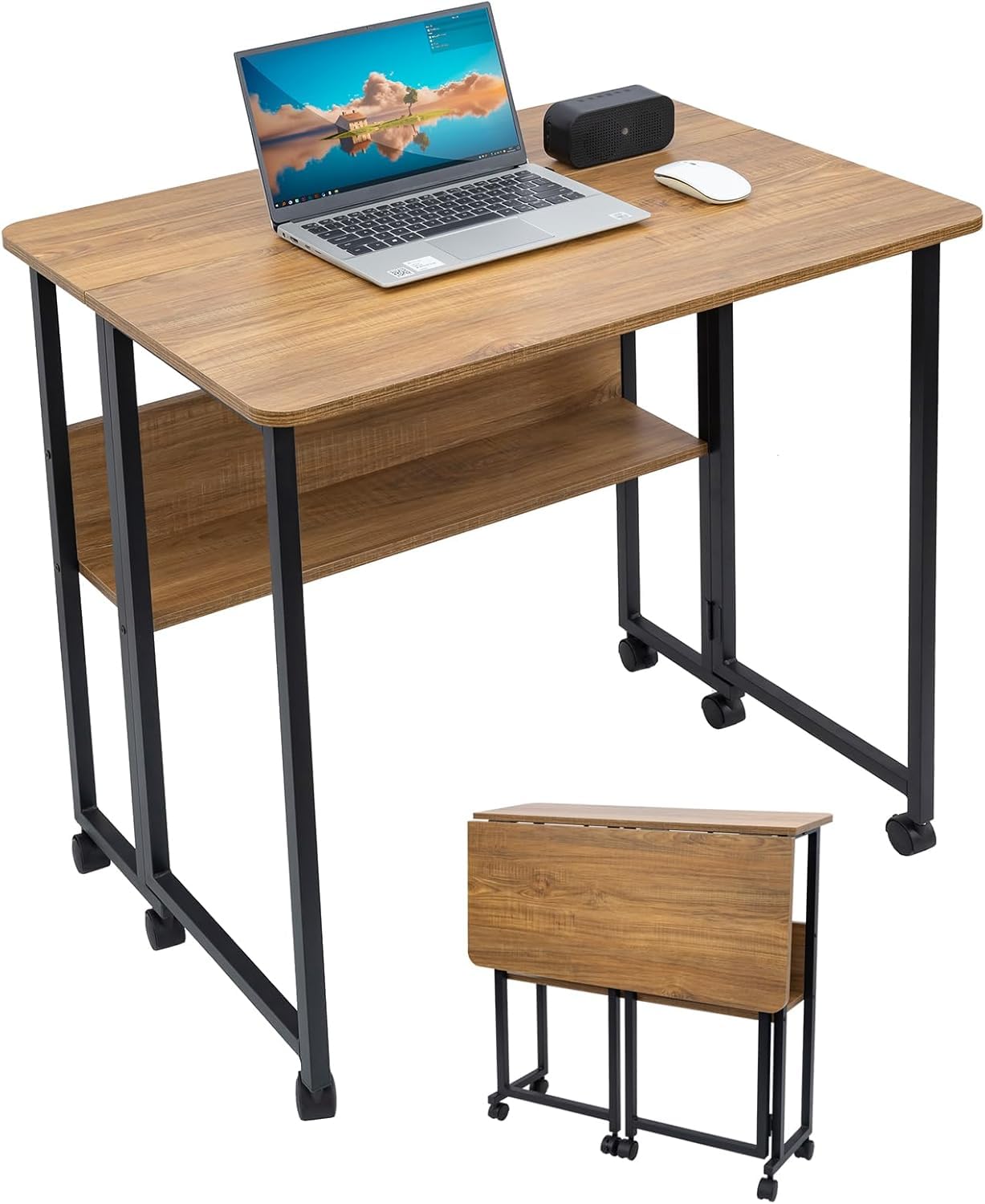 Fiutazge Mesa Escritorio Plegable con Ruedas y Almacenamiento, Mesa Plegable de Pequeño Espacio para Estudio, Casa Oficina, Computadora Manualidades,Marrón y Negro