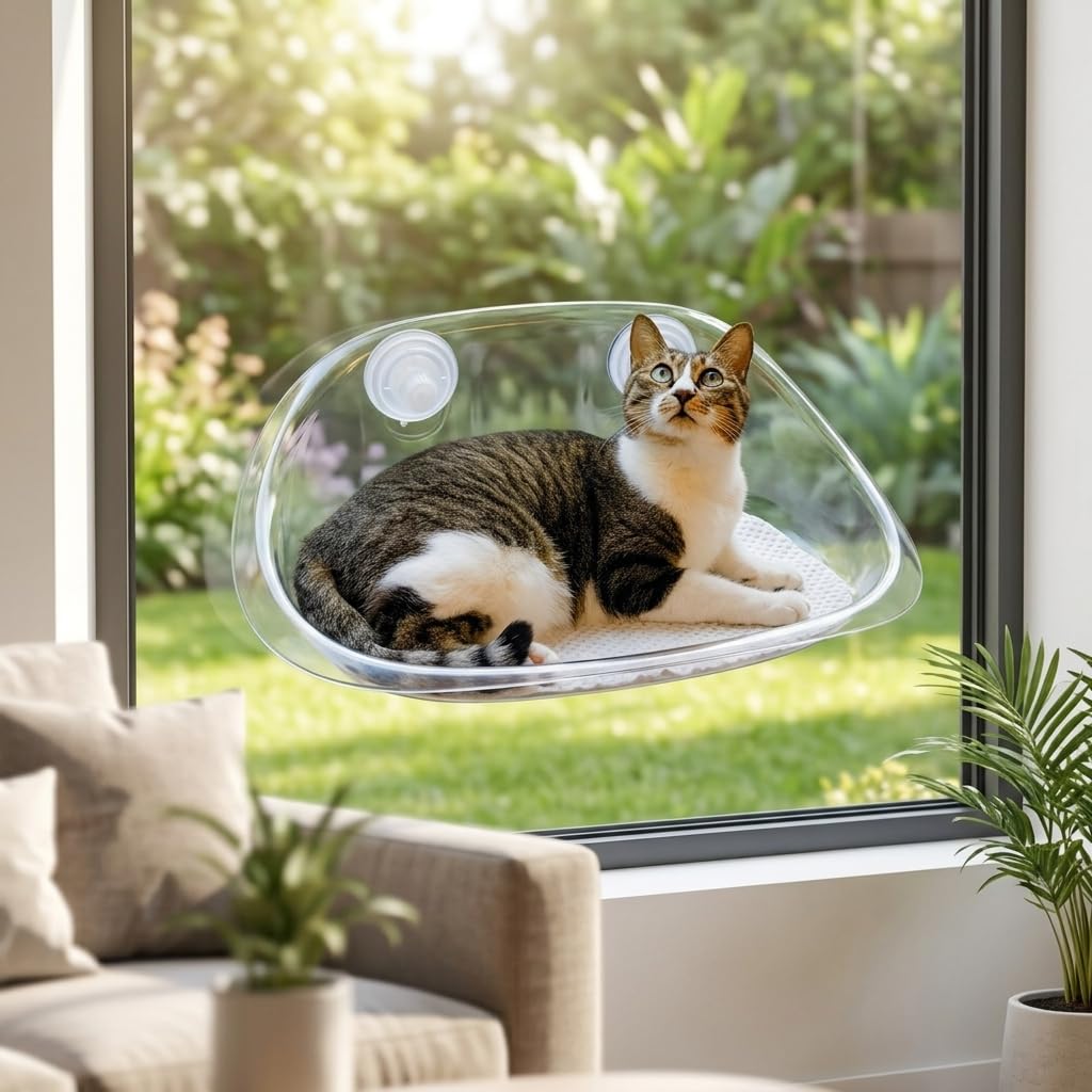 Fensterliege Katze groß, Katzenhängematte Fenster mit Saugnapf, 50x30.5cm Katzenliege für Wohnungskatzen, waschbar bis 5.44kg, Transparent