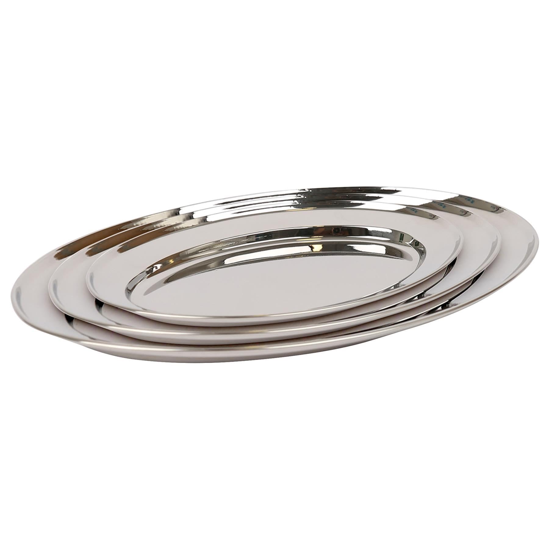 Argon Tableware 3 Piece Serving Platter Set - 25cm to 35cm - Stainless Steel Chrome Dinner Tray Oval Plate Appetizer Serving Dishes for Party, Table Service, Snack Platters