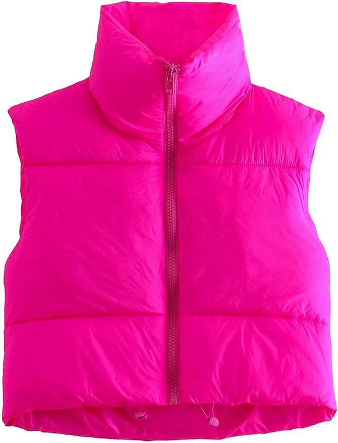 UANEO Cropped Puffer Vest Women Zip Up Stand Collar Sleeveless Padded Crop Puffy Vests