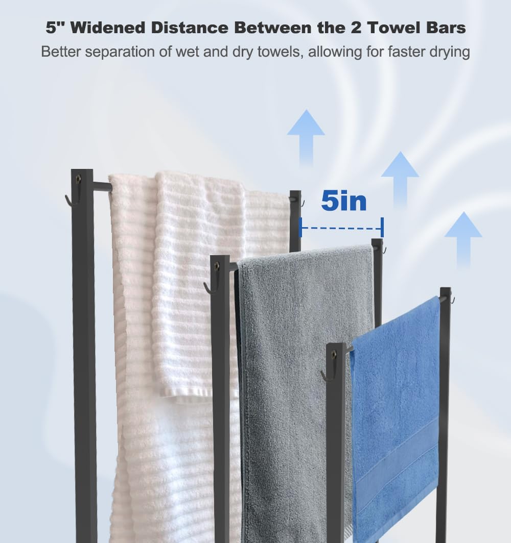 AnBaiMei Extra Large Free Standing Towel Rack with Metal Storage Shelf & 6 Hooks for Bathroom, 3 Tiers Heavy Duty Blanket Drying Stand Holder for Outdoor Pool, Bedroom, Living Room, Black