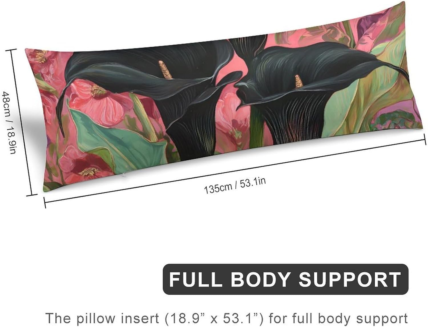 Black Calla Lilies Flowers Body Pillow Cover Long Cushion 18.9x53.1 Inch | pillowcase,bed decor,farmhouse,sofa