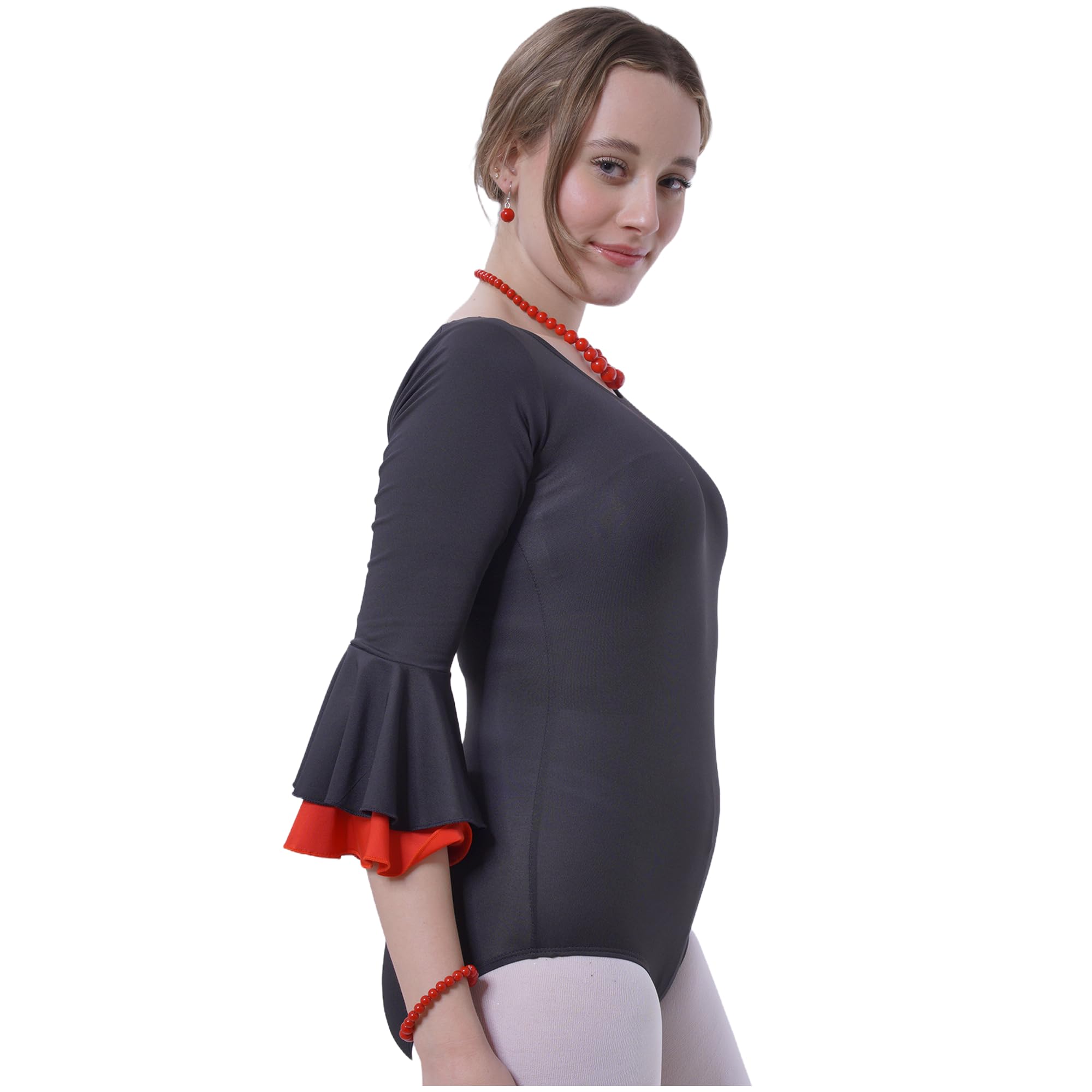 Carnavalife Body flamenco mujer negro maillot danza manga larga con volante, leotardo gimnasia ballet sevillanas, escote redondo, ribete rojo