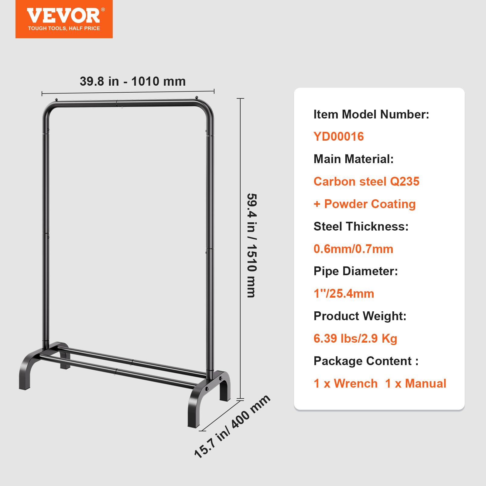 VEVOR Stand Appendiabiti Barra Singola Ripiano Singolo da Appendere per Camera da Letto Soggiorno, Appendiabiti in Acciaio al Carbonio Q235 Diametro del Tubo 25,4 mm, Stand Appendiabiti Peso di 2,9 kg