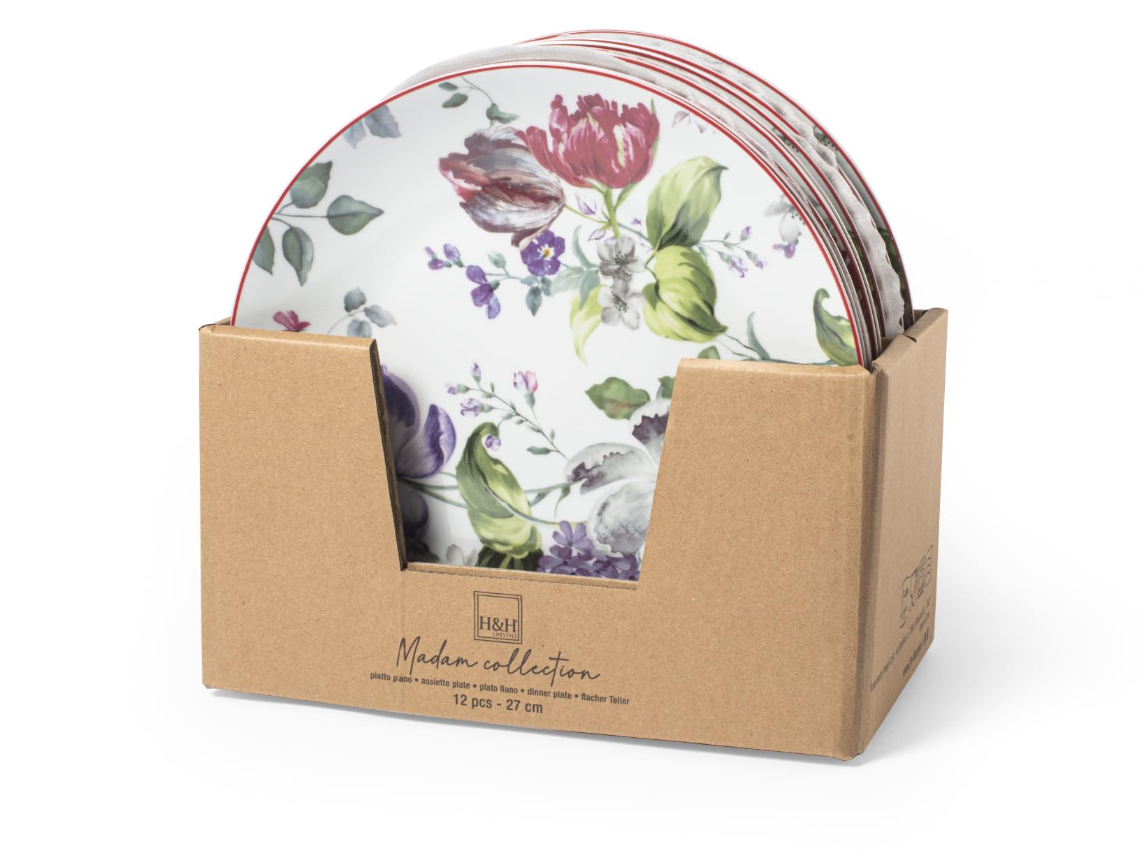 H&H Madam Set 12 Piatti Piani, Porcellana, Decoro Floreale, Bianco, 27cm