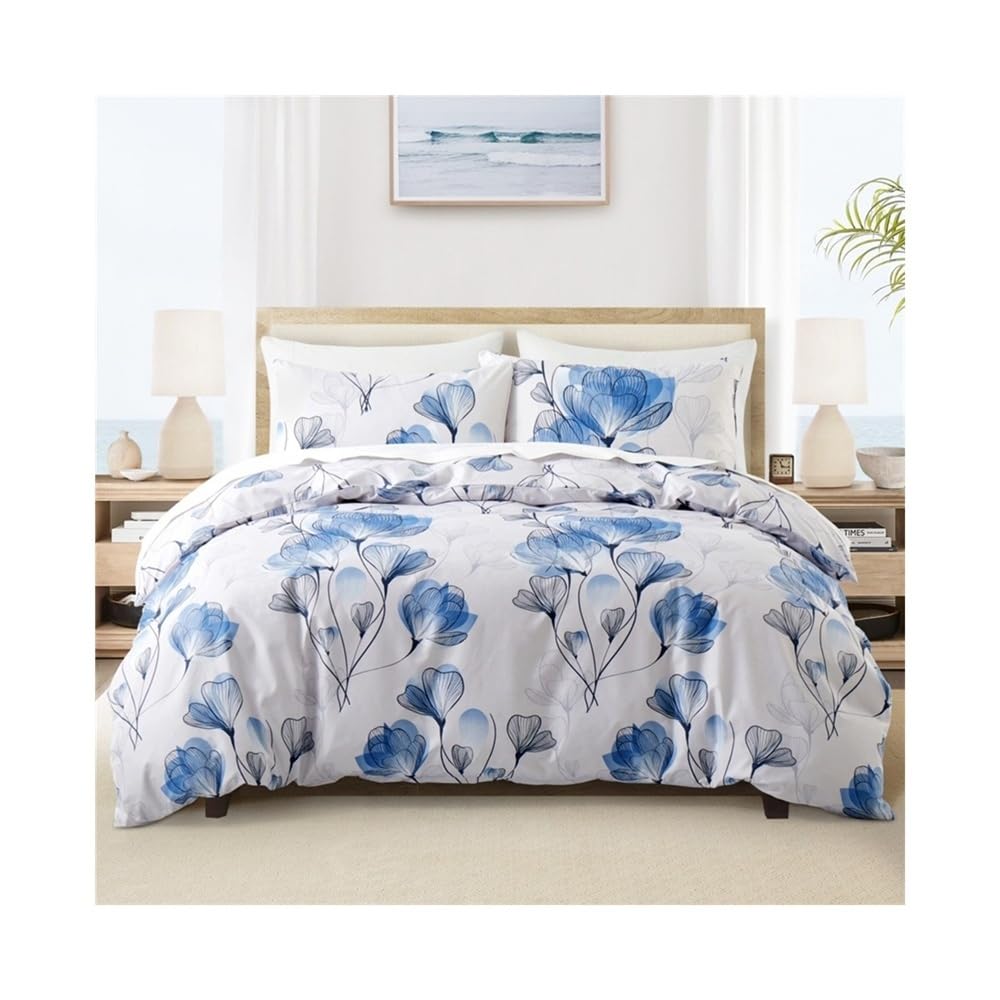 VHKJewE Elegant All Season Duvet Cover Set Blue Floral Pattern Comforter with Pillowcases Bedding Set(EU Single(135x200cm))