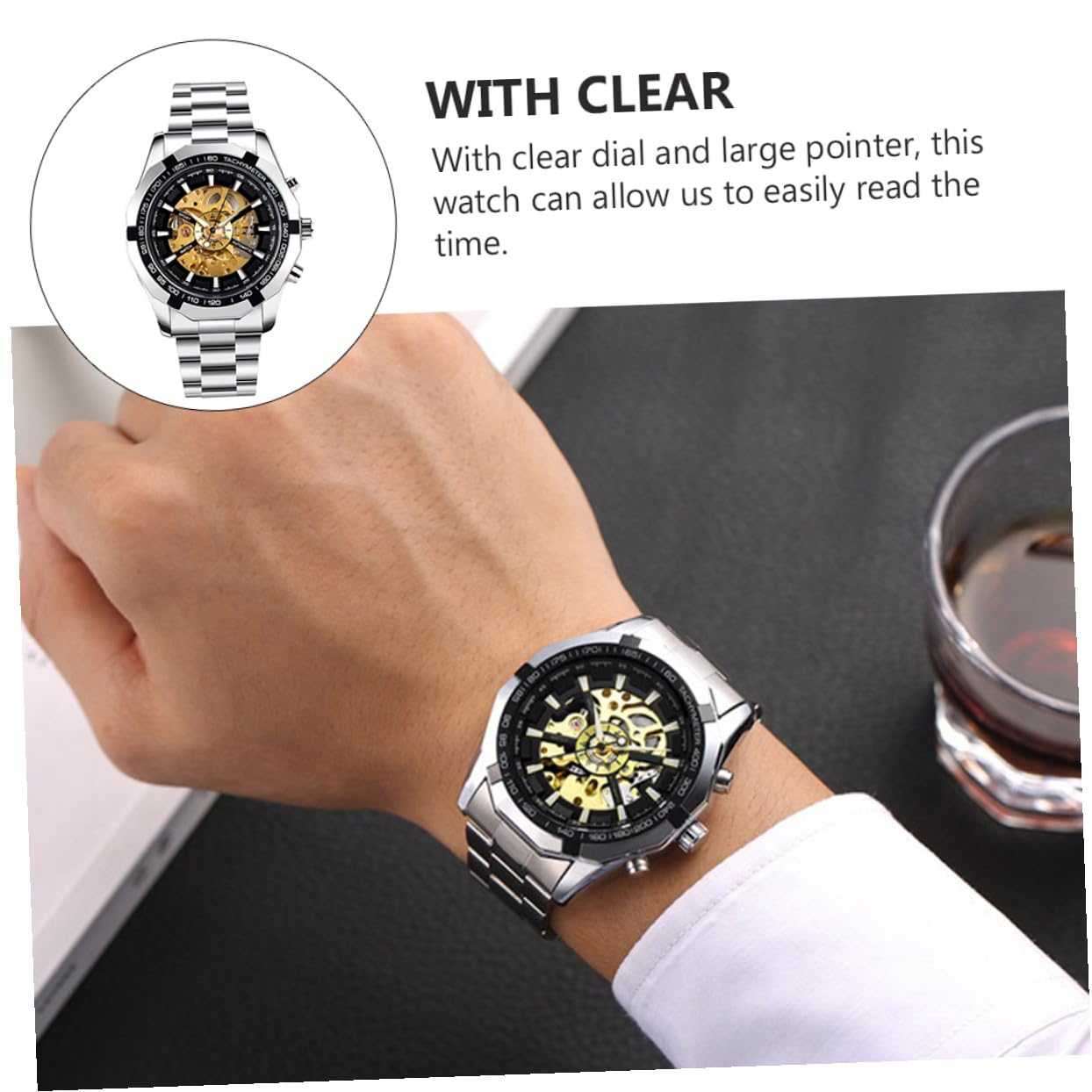 IMIKEYA 1pezzi Orologio Meccanico Scheletrato per Uomo Quadrante Chiaro Funzioni Impermeabili e Luminose senza Batteria Adatto Qualsiasi Occasione