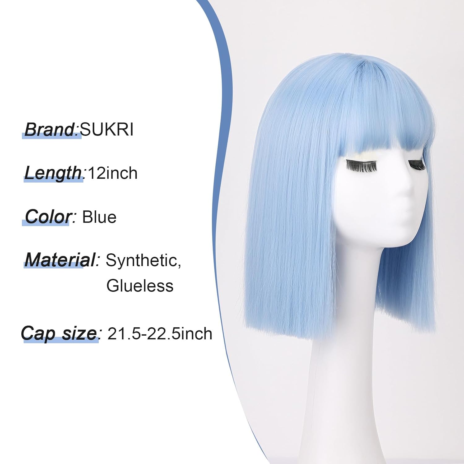 SUKRI Light Blue Bob Wig with Bangs Short Straight Blue Wig for Women Shoulder Length Wigs Colorful Synthetic Wig for Daily Use Party Cosplay（12Inch） - Image 6