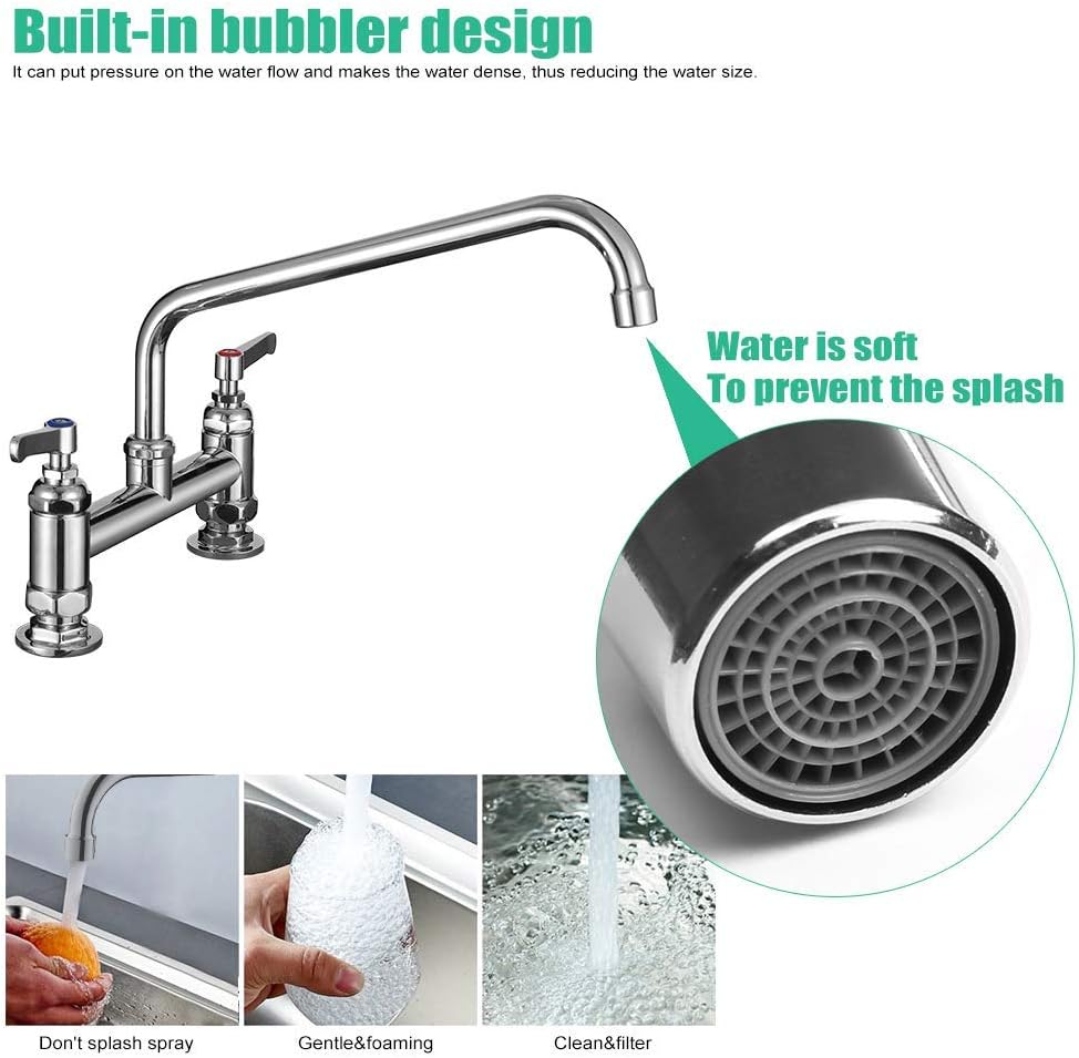 CWM Commercial Sink Faucet 8 Inch Center Commercial Faucets with 12 Inch Swviel Spout Deck Mount Faucet