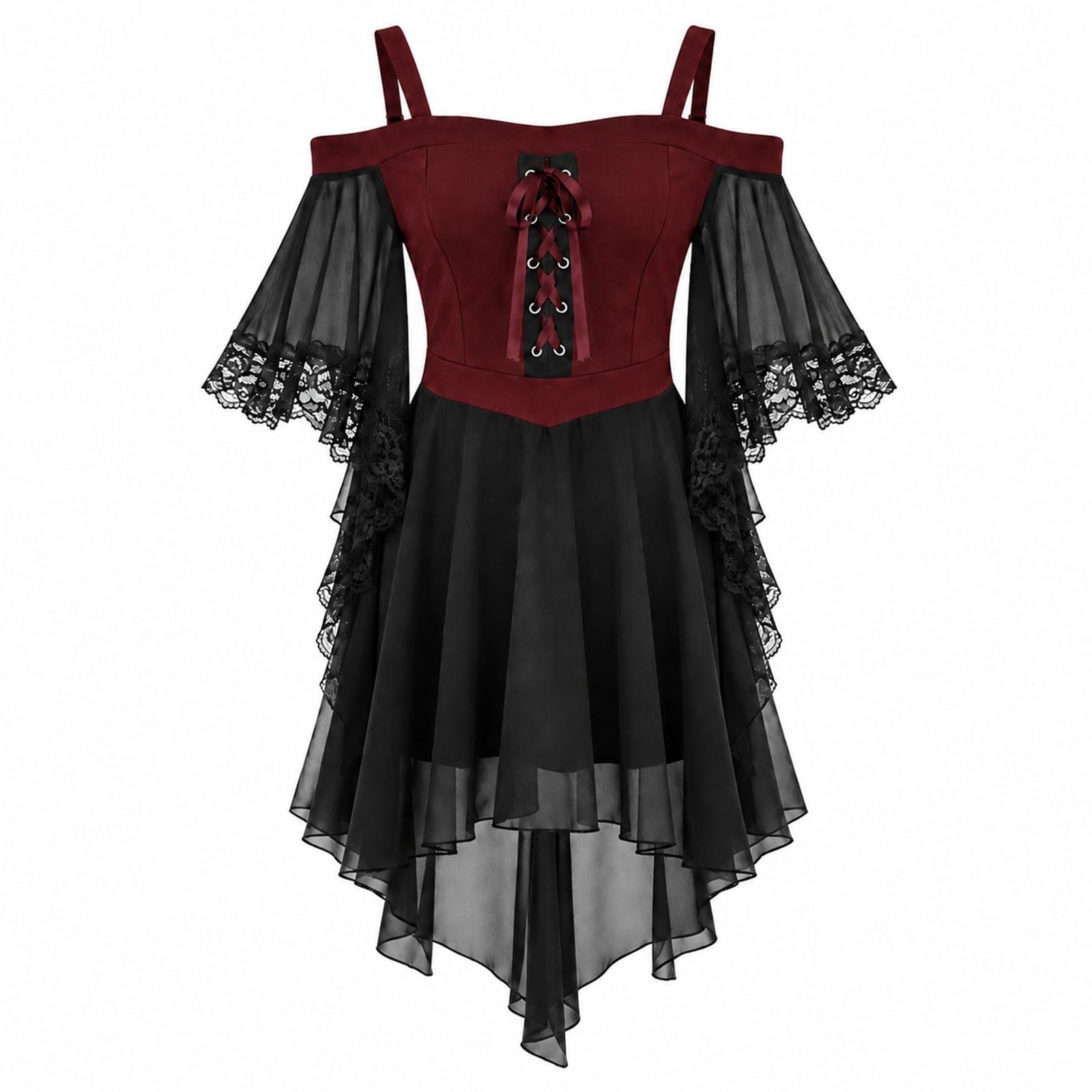 Girls Halloween Costume Kids Gothic Witch Cold Shoulder Strap Dresses Medieval Halloween Gothic Dress, A-Line Mesh Patchwork, Butterfly Sleeve, Steampunk Costume Vampire Party Dress for Carnival