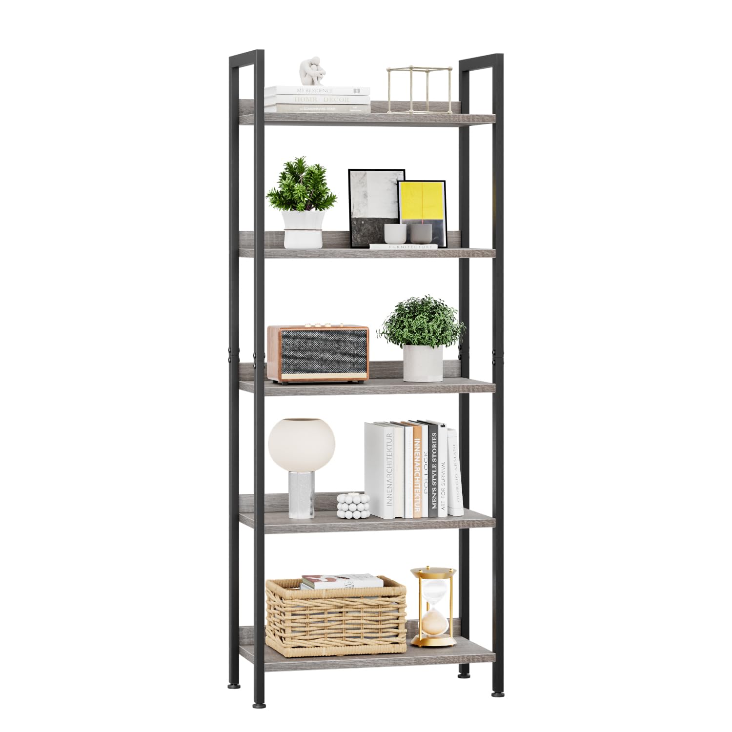 APPOLYN 5 Tier Bookshelf, Home Office Bookcase Shelf Storage Organizer, Floor Standing Storage Shelving Unit for Bedroom, Living Room and Home Office, Grey