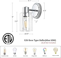 Vista 2 de Apliques de Pared de Baño de 2 Luces con Cristal Transparente, Luces de Pared de Baño Sobre Espejo, Luces de Tocador Cromadas con Base E26