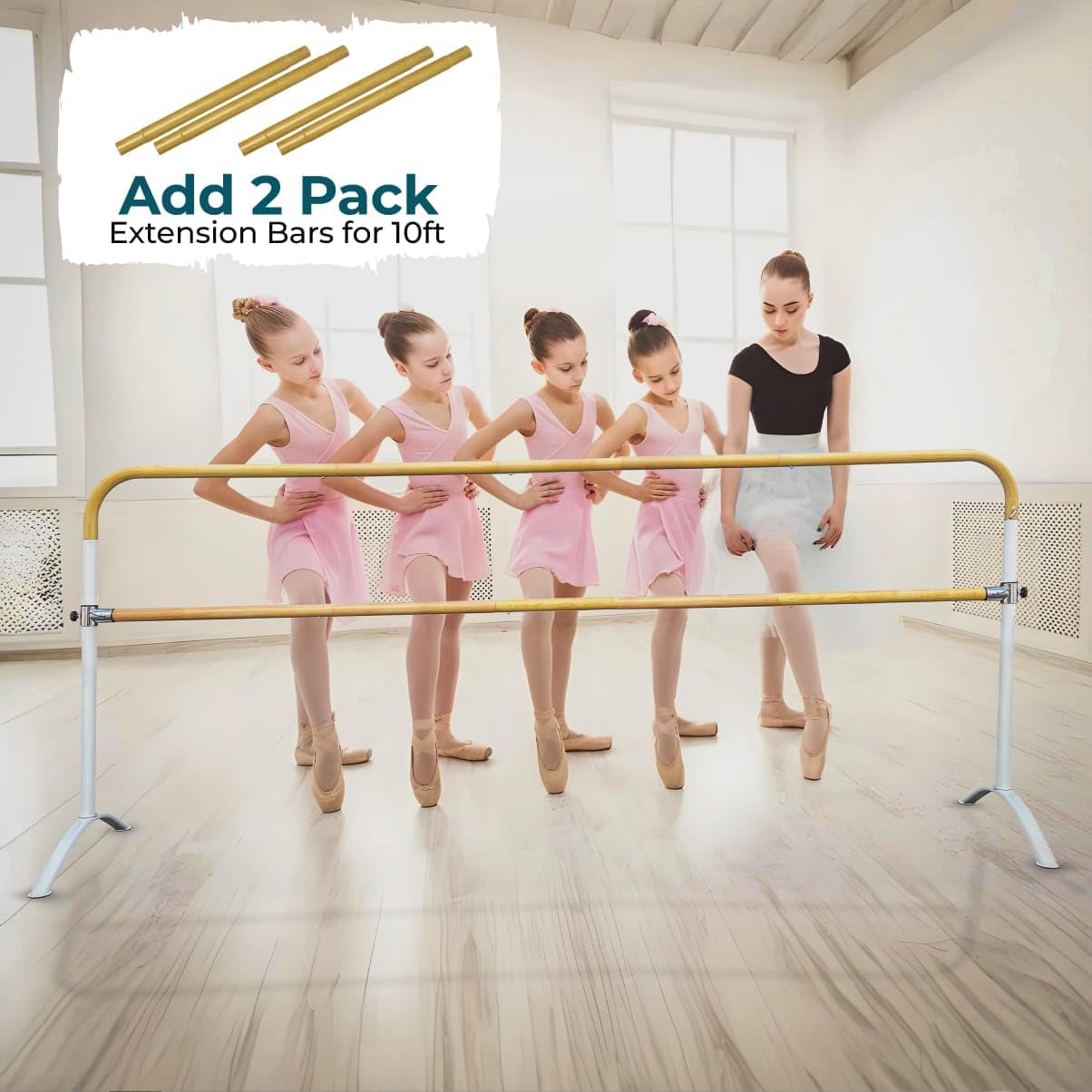 Extension for 6Ft Double Bar Curved Ballet Barre 25"/2Ft – Add-On Only, Not a Standalone Barre – Compatible with 6Ft Double Bar Ballet Barre
