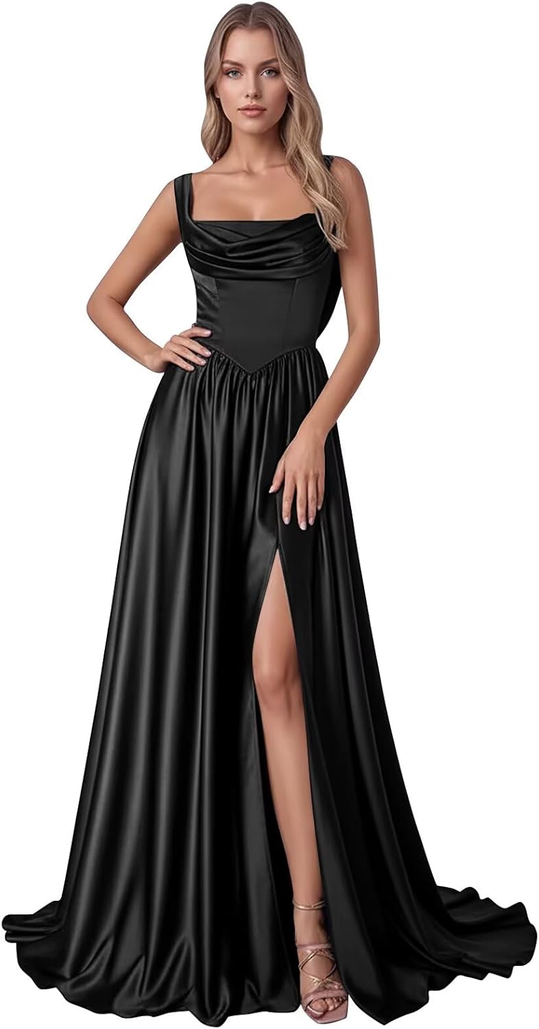 Monlity Bridesmaid Dresses Long Side Slit Satin Cowl Neck Corset A Line Formal Evening Gowns Pleated Prom Dress
