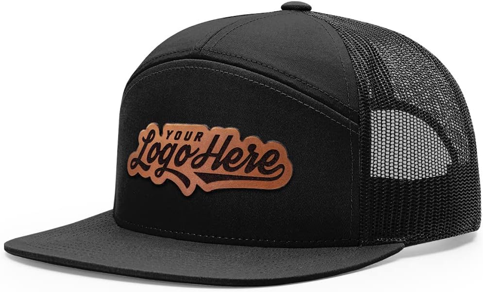Custom Leather Patch Hat Flat Bill 7 Panel Trucker Laser Engraved