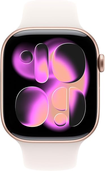 Close-up of the Apple Watch Series 11 rose gold case and light blush sport band.