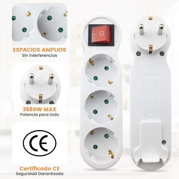 Triple Flat Socket Plug, 3 Outlets with Switch and Indicator Light, 16A 250V, 3680W, Compact for Wall, Multiple Socket for Office, Living Room, Bedroom, Kitchen - 4