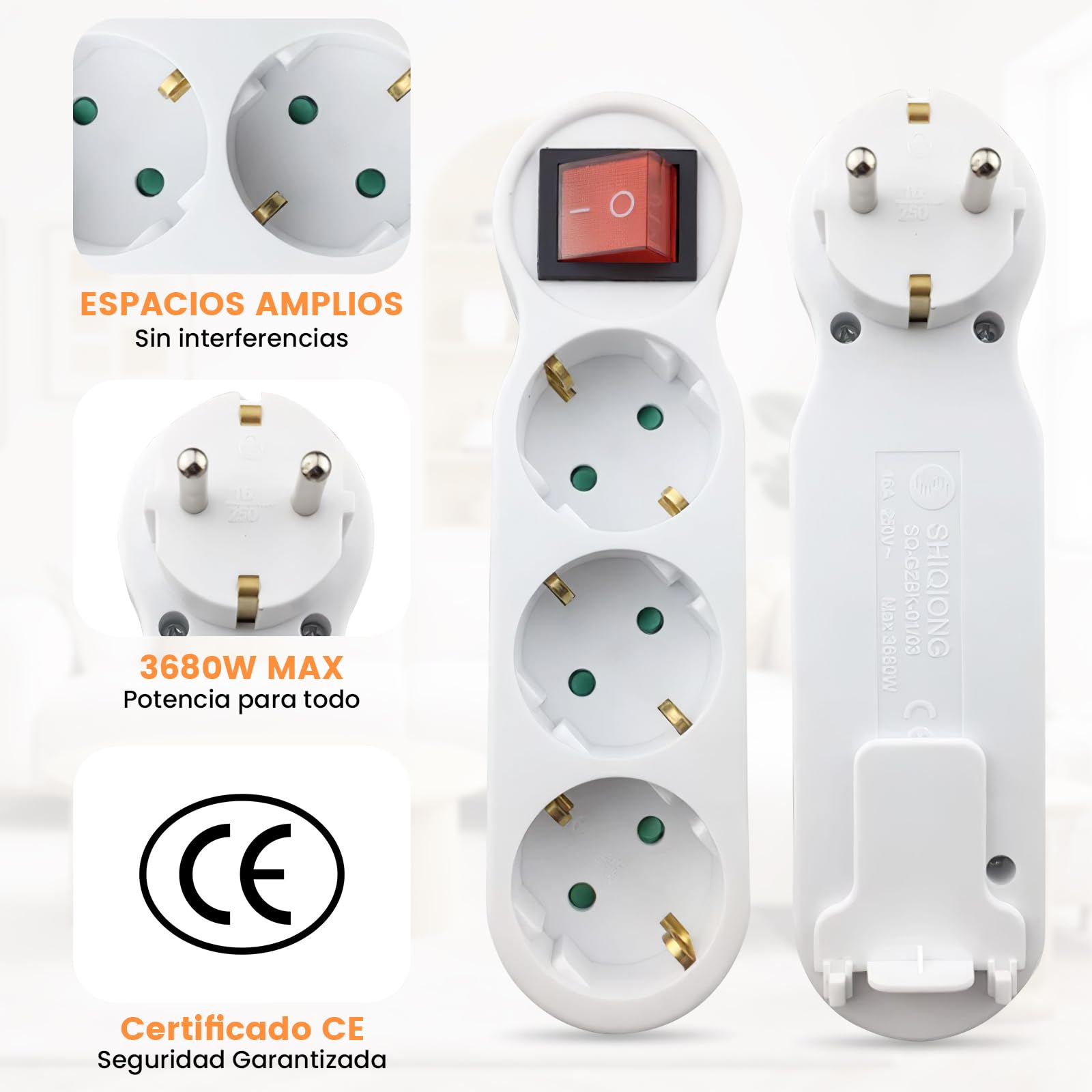 Triple Flat Socket Plug, 3 Outlets with Switch and Indicator Light, 16A 250V, 3680W, Compact for Wall, Multiple Socket for Office, Living Room, Bedroom, Kitchen — view 4