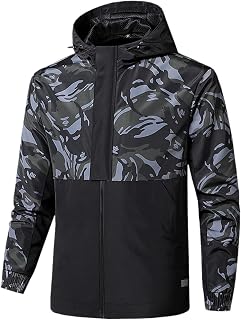 Men's Rain Jacket Male Casual Patchwork Camouflage Outdoor Jackets with Hood Long Sleeve Zip Slit Pocket Coat Rain Jacket with Hood Waterproof Jacket Men's Cycling Hiking Jacket