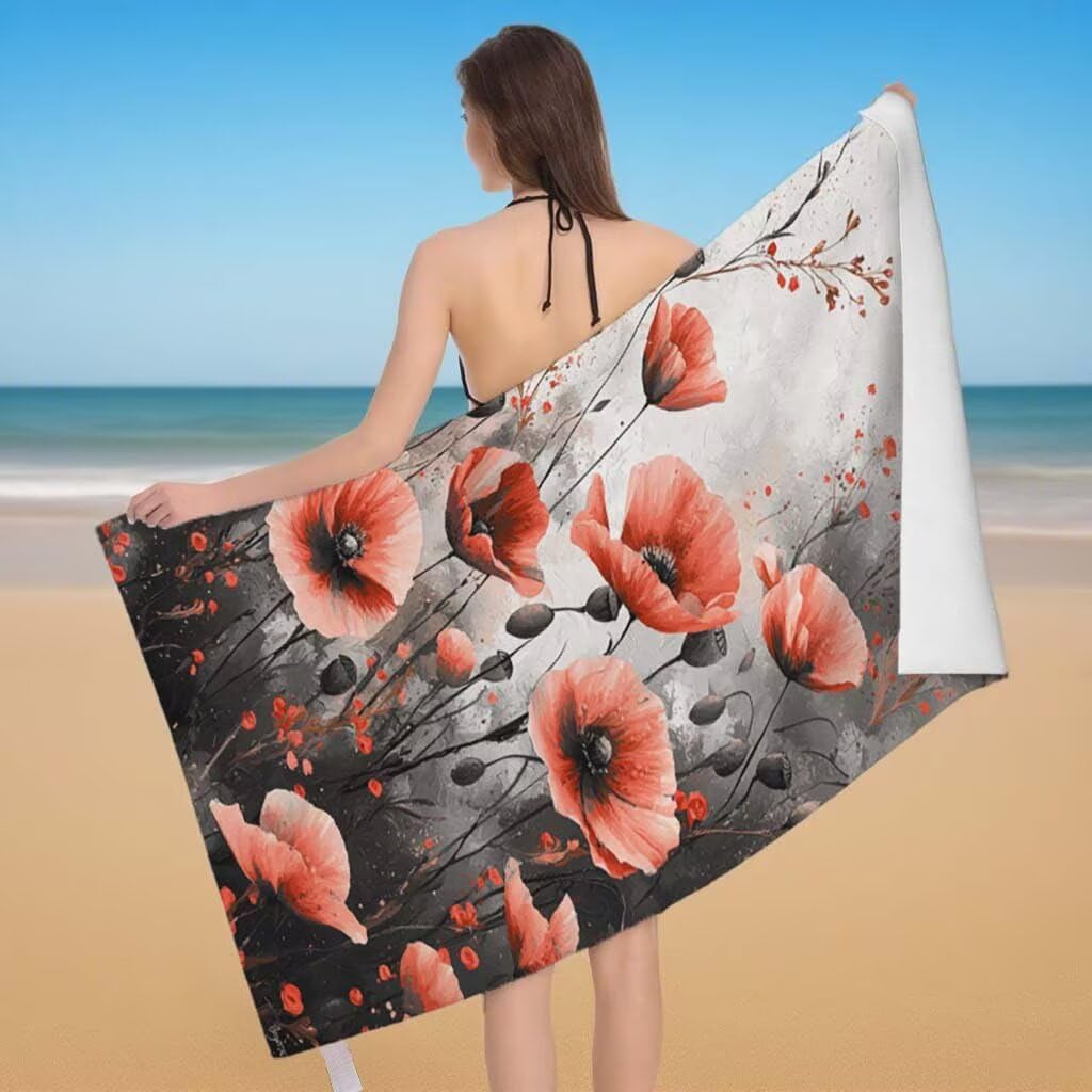 Telo Mare XXL 220x100cm/35x70cm, 2 Set Telo Mare Microfibra Papavero Asciugamano Palestra Uomo, Antisabbia, Leggero, Asciugatura Rapida, Teli da Spiaggia Grandi Accessori per Camping Natation I-13