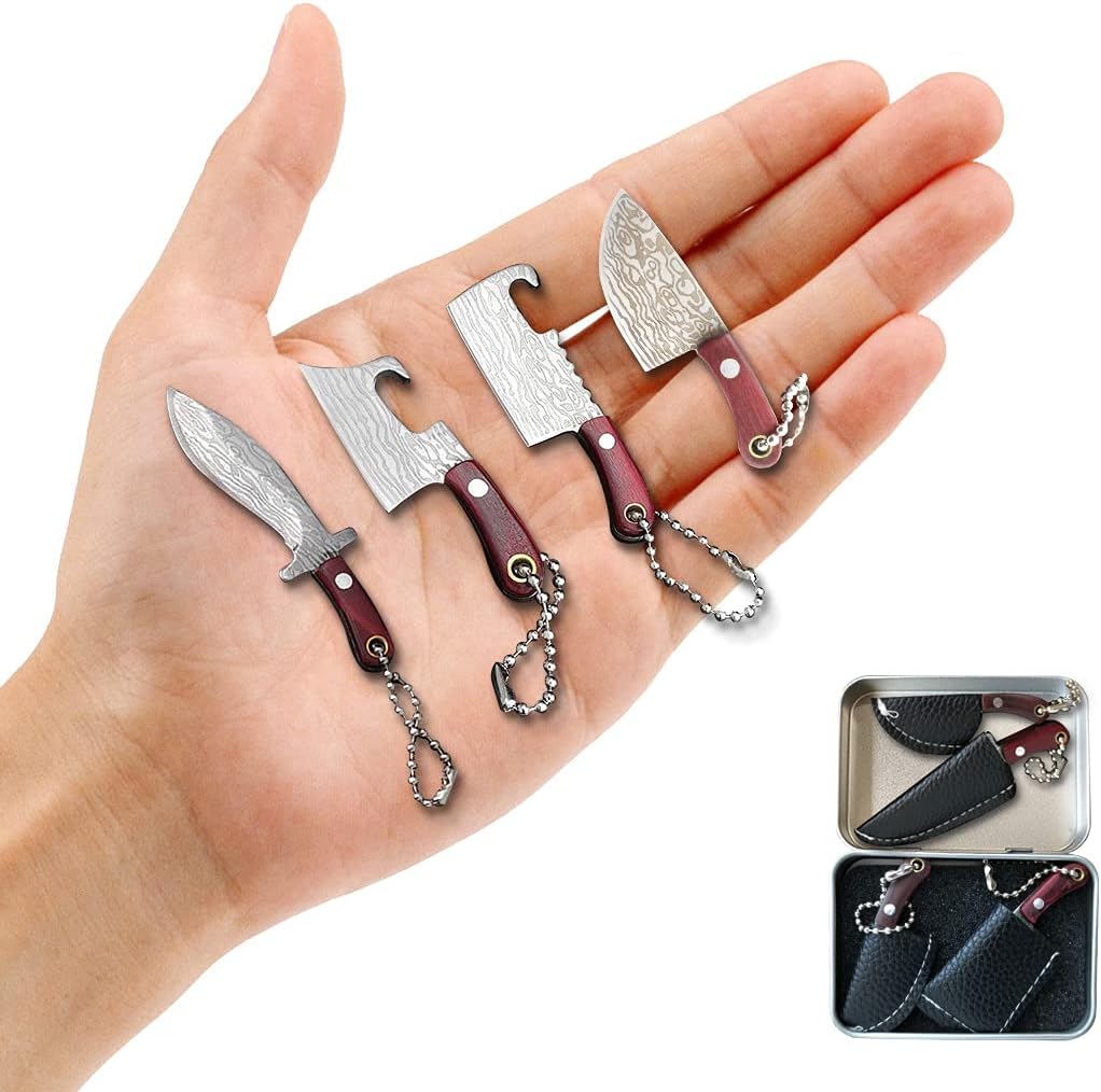 Damascus Pocket Knife Set Mini Chef Tiny Cleaver for Package Opener Box Cutter - of 4