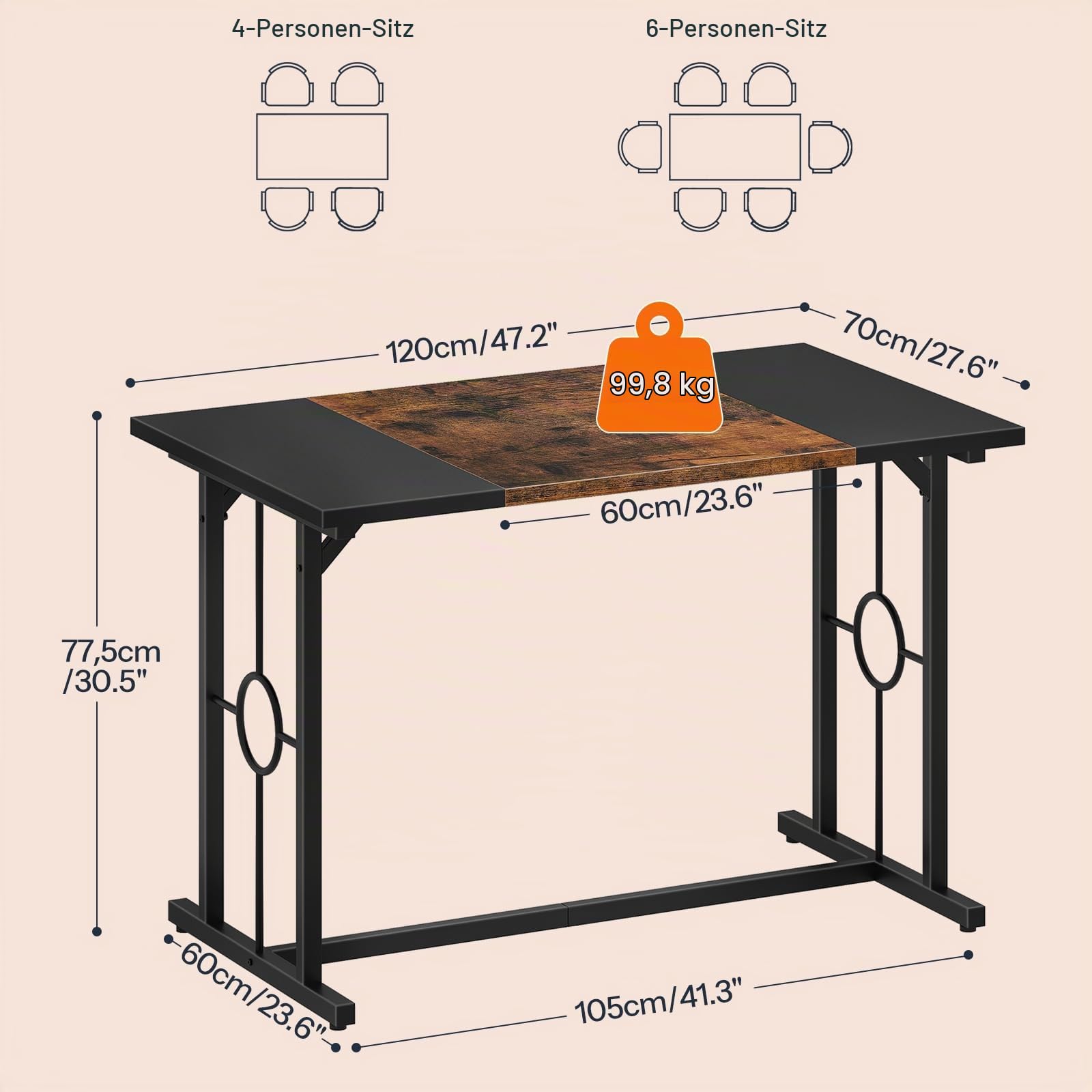 HOOBRO Esstisch, Küchentisch für 4-6 Personen, 140 x 70 cm, Esstisch mit zweifarbiger Tischplatte, Rechteckiger Küchentisch für Esszimmer, Metallbeine Vintagebraun und Schwarz EBF20CZ01
