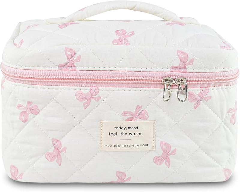 Necessaire de maquiagem GISMTR acolchoada com laço, cor Bow A-pink, para viagem