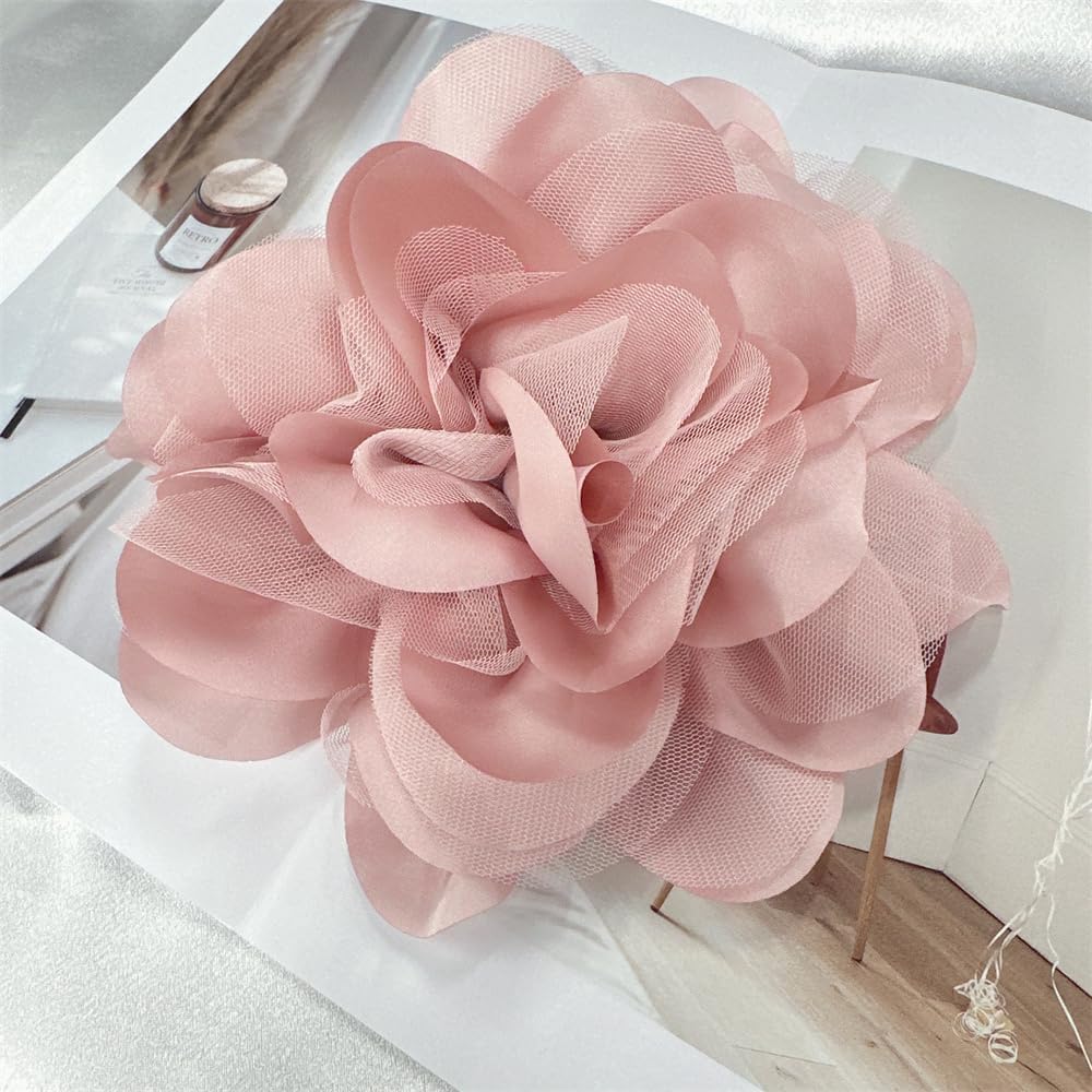 Satin Mesh Fabric Rose Flower Extra Large Big Brooches Lapel Pins Elegant Silk Camellia Oversized Pin for Women Wedding Party Banquet Dresses Suit Clothes Accessories 7.87in