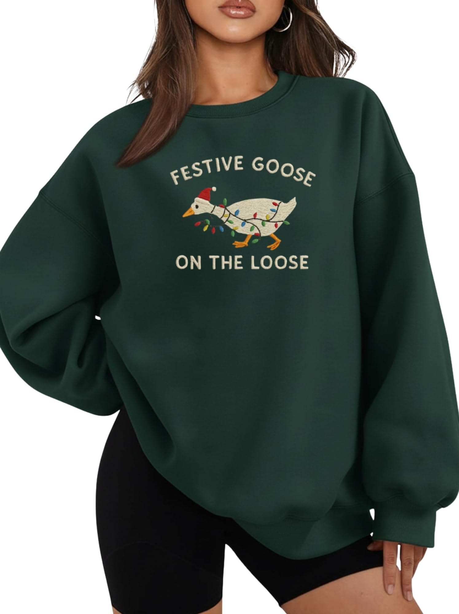 Embroidered Festive Goose On The Loose Sweatshirt Funny Christmas Goose Sweater Womens Embroidered Holiday Pullover Cute for Women