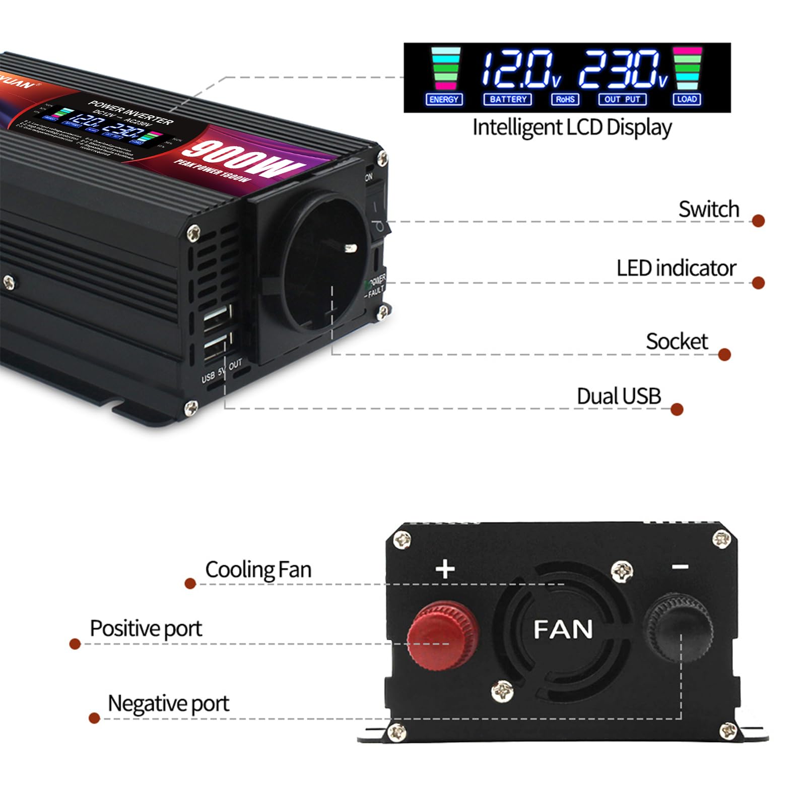 LVYUAN Inversor 12V 220V 230V 900W Transformador Convertidor de tensión con enchufes UE, 2 USB, Pinza cocodrilo, Encendedor de Cigarrillos y Pantalla LCD Inversor Pico 1800W