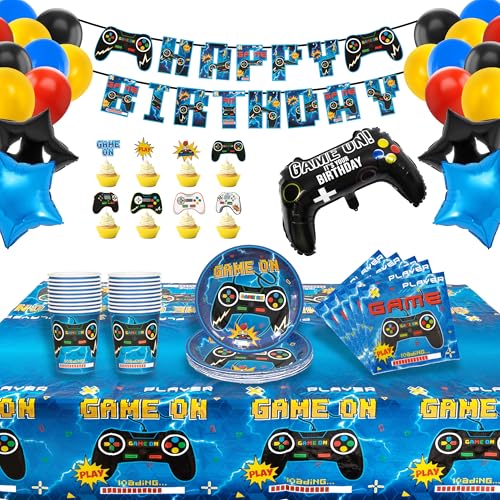 131 peças decoração de aniversário jogos de vídeo, artigos de festa, ananás louça de festa de jogo, artigos de festa Gamer inclui pratos de papel chávenas palhinhas guardanapos toalha de mesa para 20