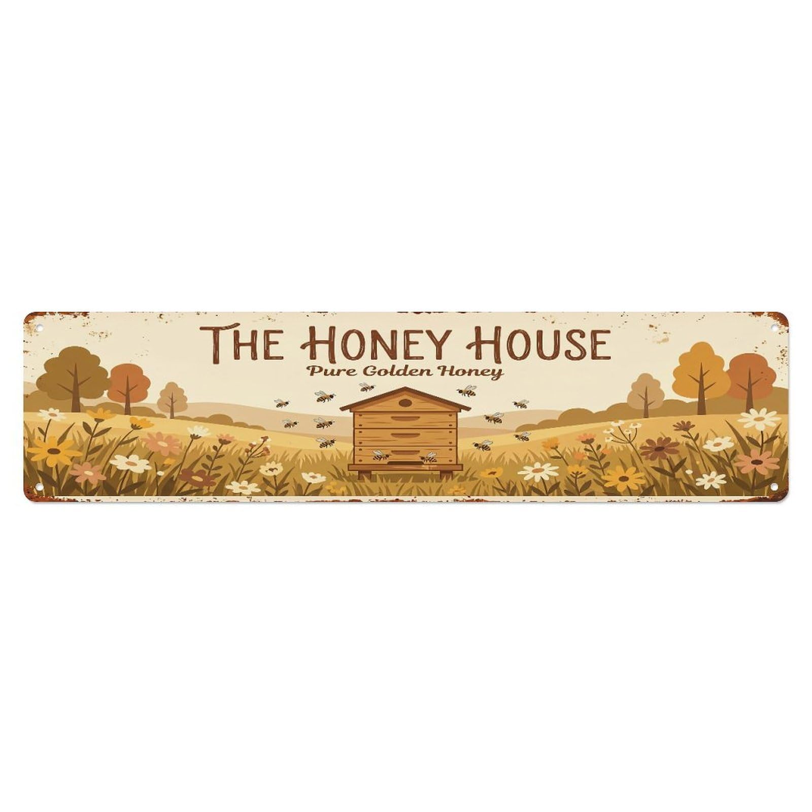 Metal Tin Sign Vintage Bee Farm Scene Pure Golden Honey