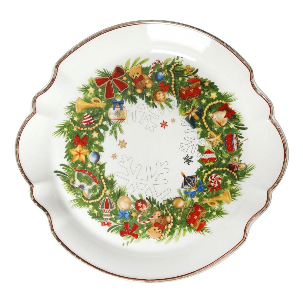 BRANDANI Talerz do ciasta na stół bożonarodzeniowy Boże Narodzenie 89922 porcelana biała zielona 33 cm