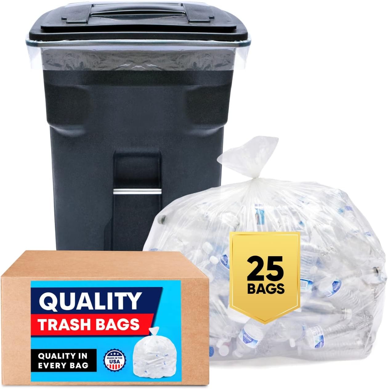 Veska 95 Gallon Trash Bags Clear (Huge 25 Count w/Ties) 95-96 Gallon Extra Large Garbage Bags, Clear Recycling Trash Bags, 90 Gallon