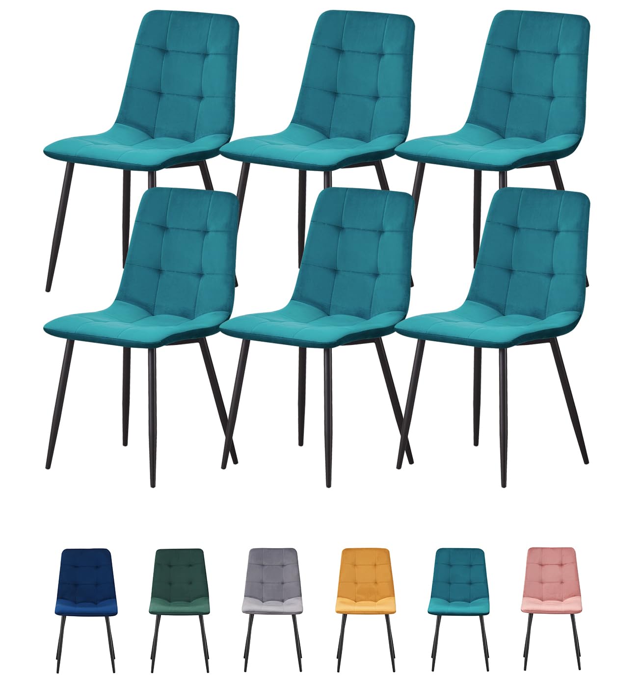 MOF Dining Chair, Velvet Dining Chairs Set of 6 with Padded Seat and Backrest, Sturdy Metal Legs - Accent Chair for Kitchen, dining room, living room or home office (TEAL CHECK X6) — image 1