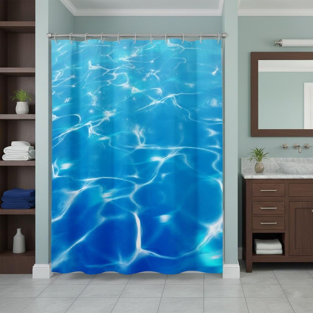 Blue Water Ripple Shower Curtain Set, Ocean Wave Bathroom Decor Curtain