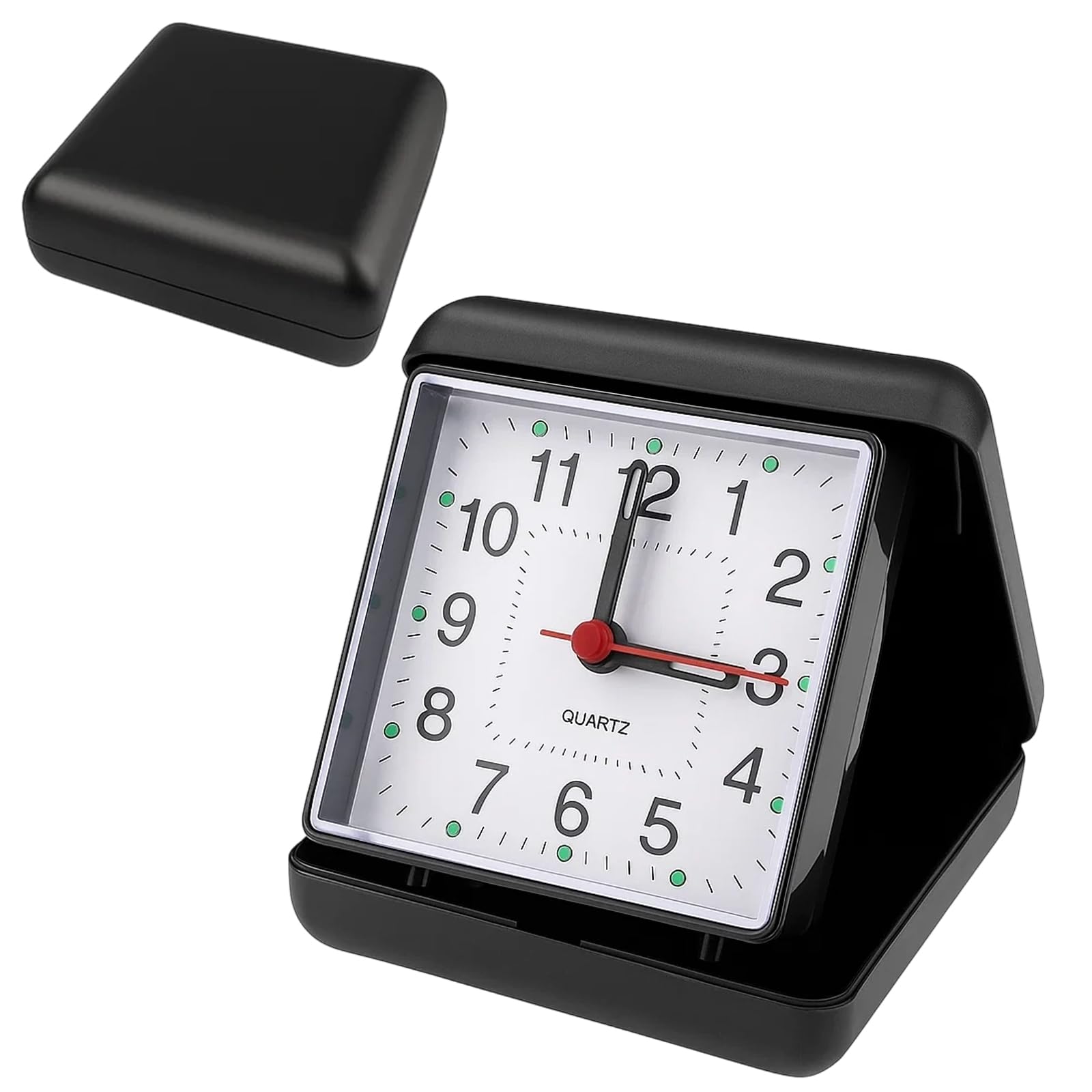 QhgPnt Travel Alarm Clock, Operated Travel Clock with Folding Case, Small Desk Clock for Home Office Travel, Black Box Design