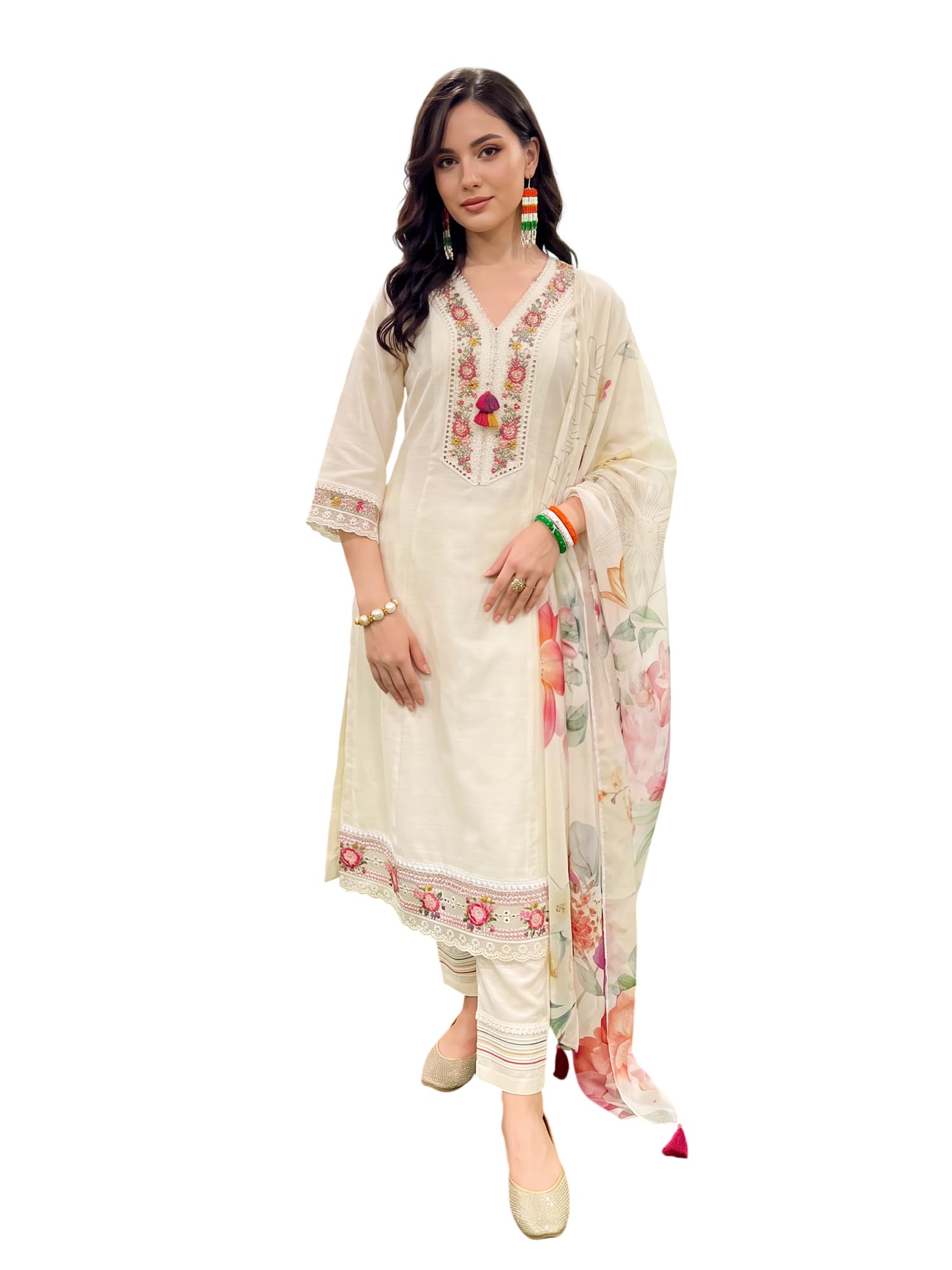 Women's Cotton Blend Embroidered Mirror Work A-Line Kurta & Pant with Dupatta Set | Kurta Sets For Woman-image-28